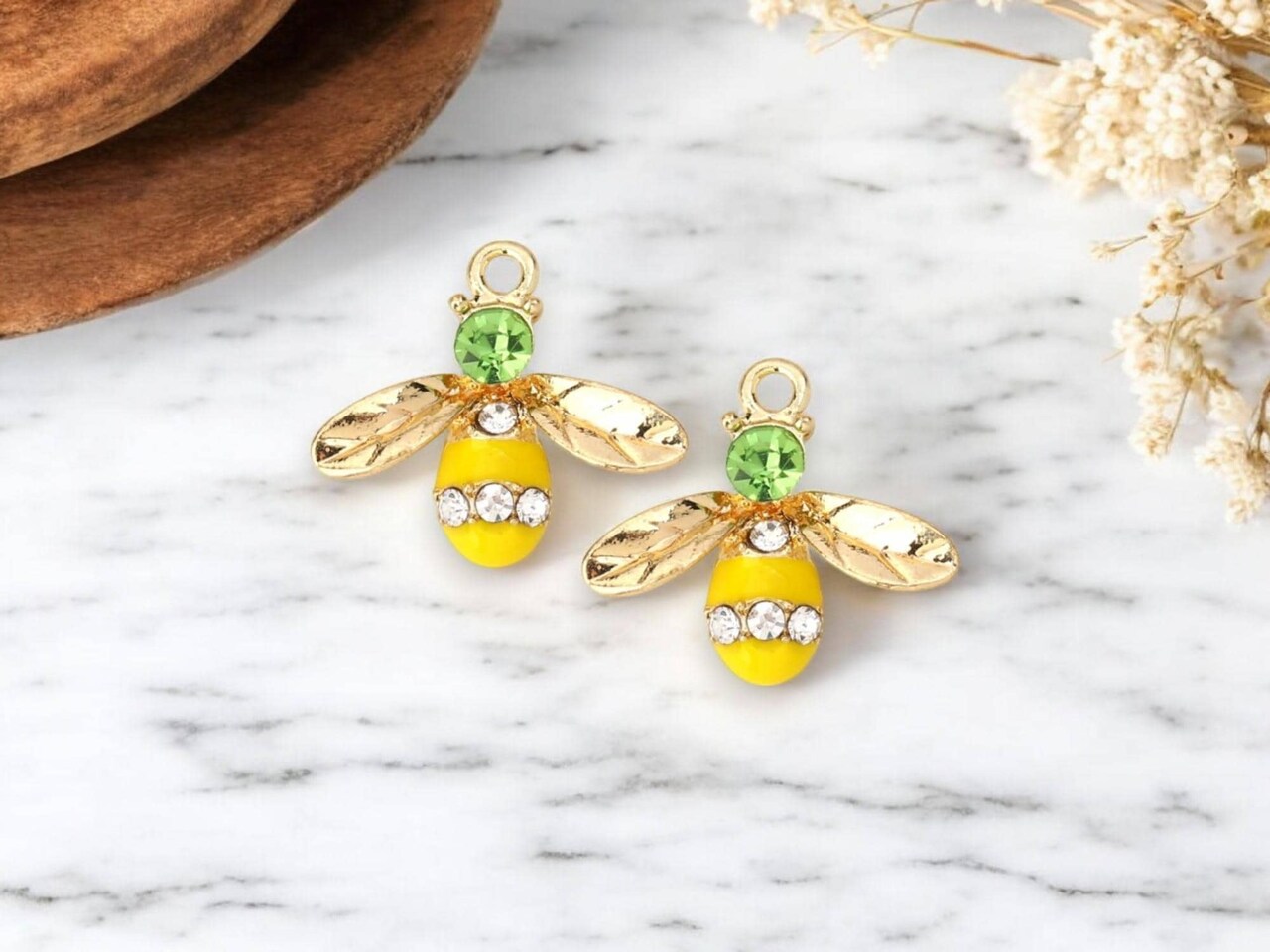 17x15mm Gold Plated Enamel + Rhinestone Bee Charms - Choose Your Color